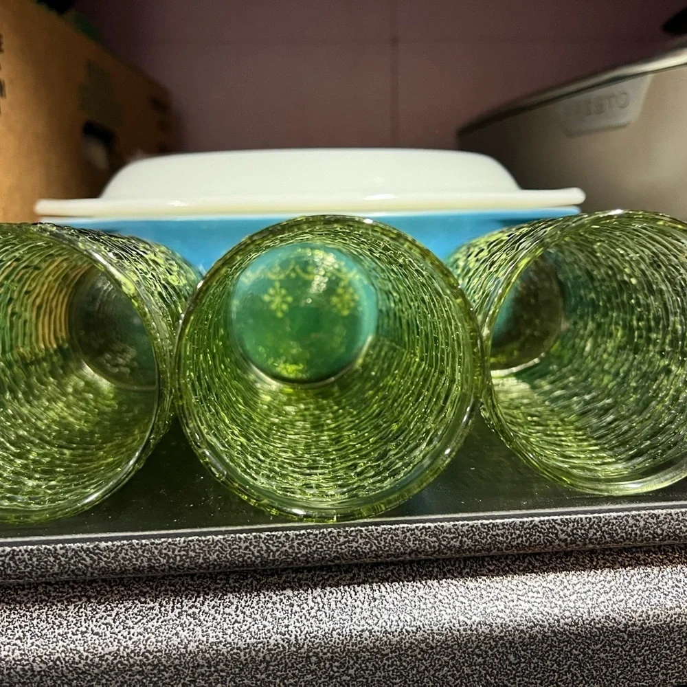 3 Vintage Avocado Green Anchor Hocking Sorono Pressed Bark Ribbed Glasses